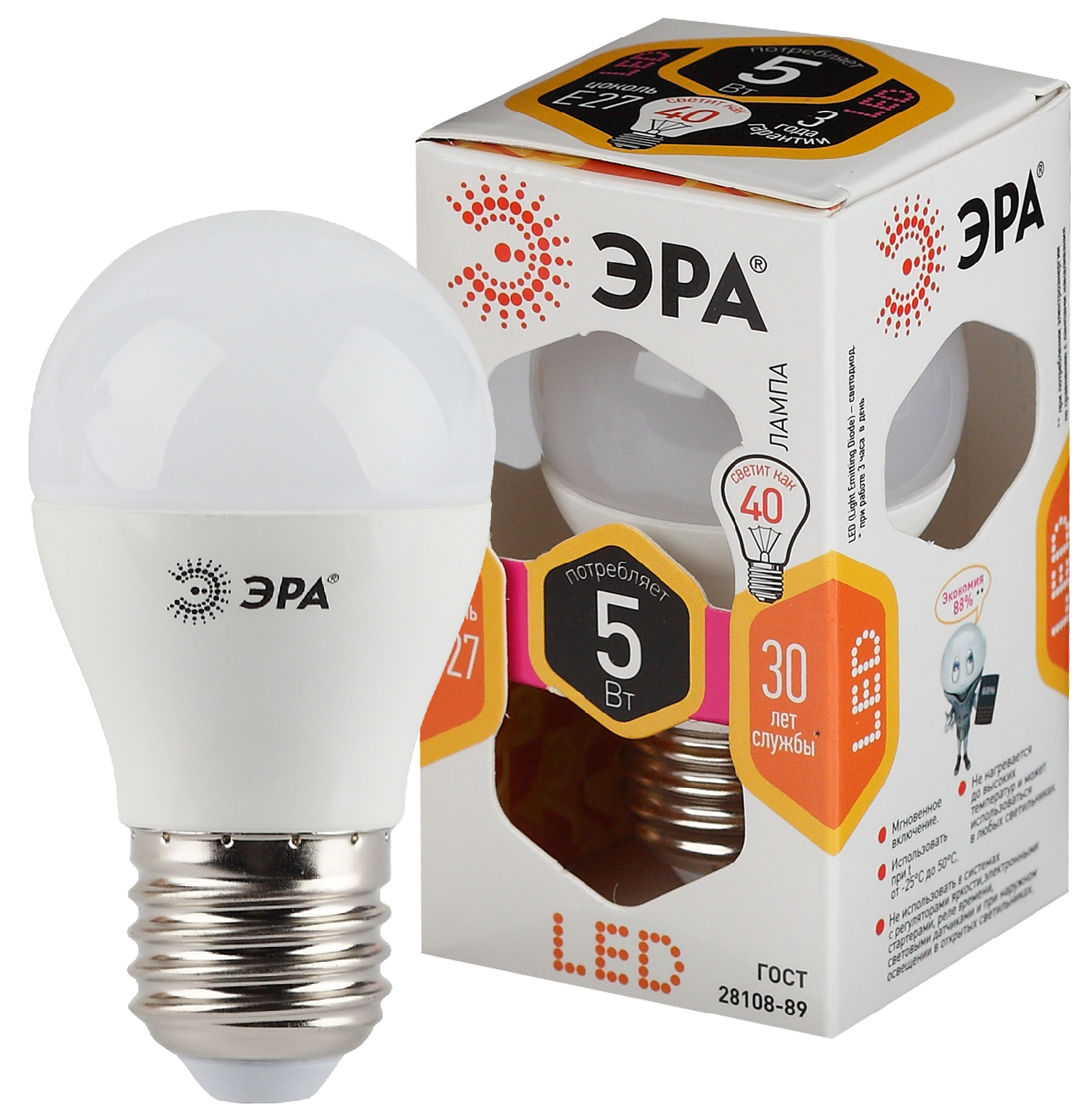 LED P45-5W-827-E27 ЭРА (диод, шар, 5Вт, тепл, E27) (10/100/3000)