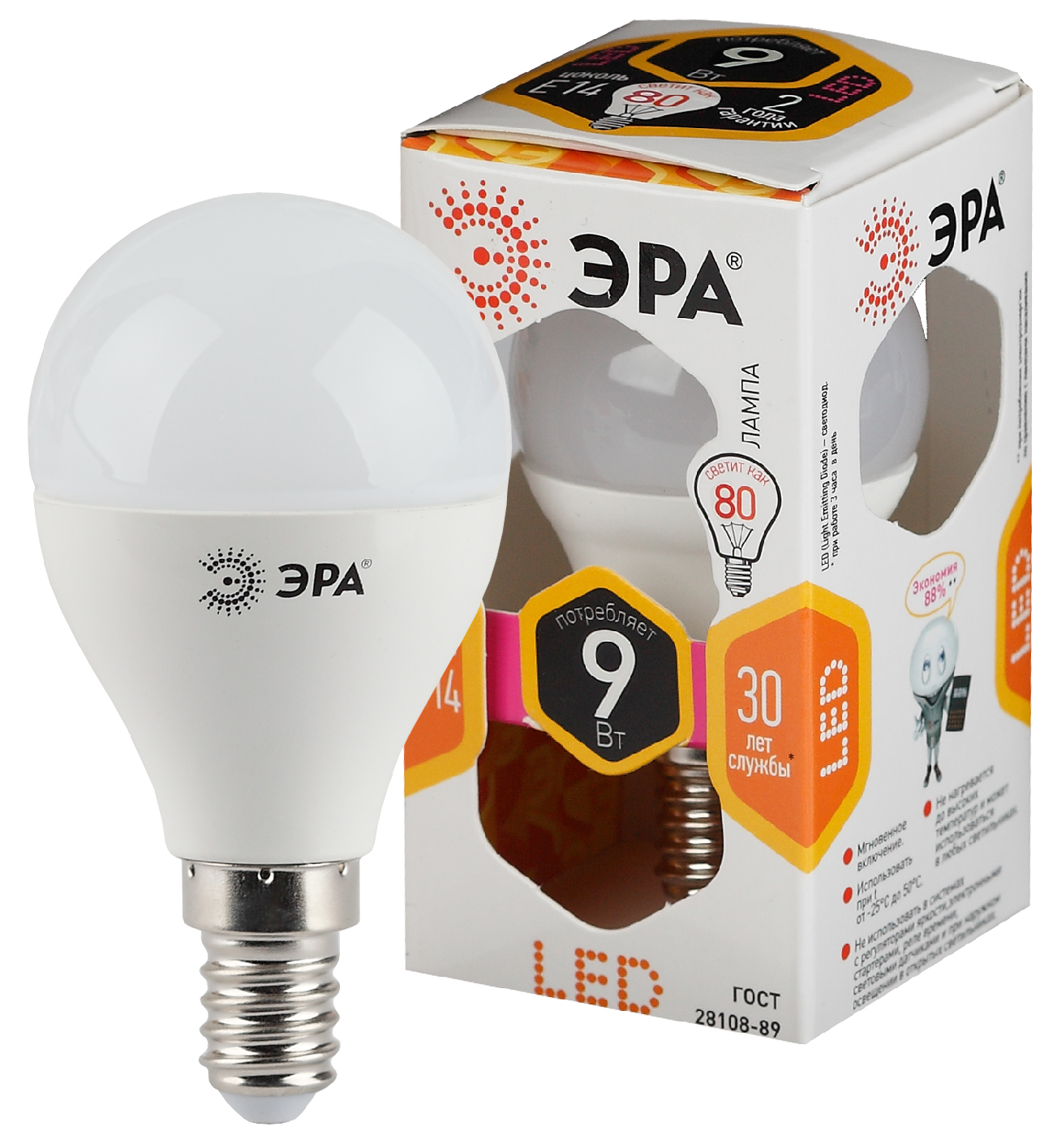 LED P45-9W-827-E14 ЭРА (диод, шар, 9Вт, тепл, E14) (10/100/3000)
