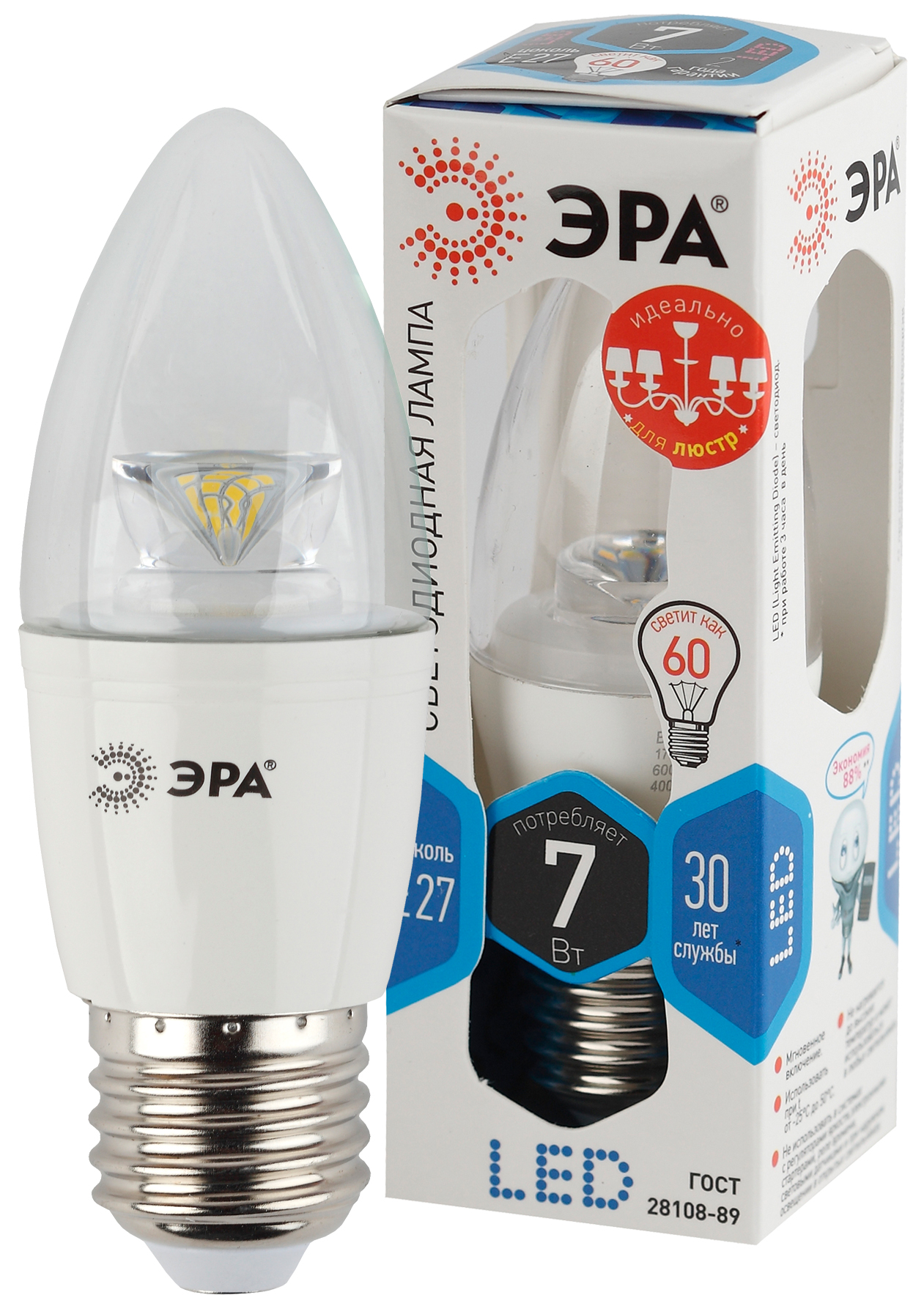 LED B35-7W-840-E27-Clear ЭРА (диод,свеча,7Вт,нейтр ,E27) (10/100/3500)
