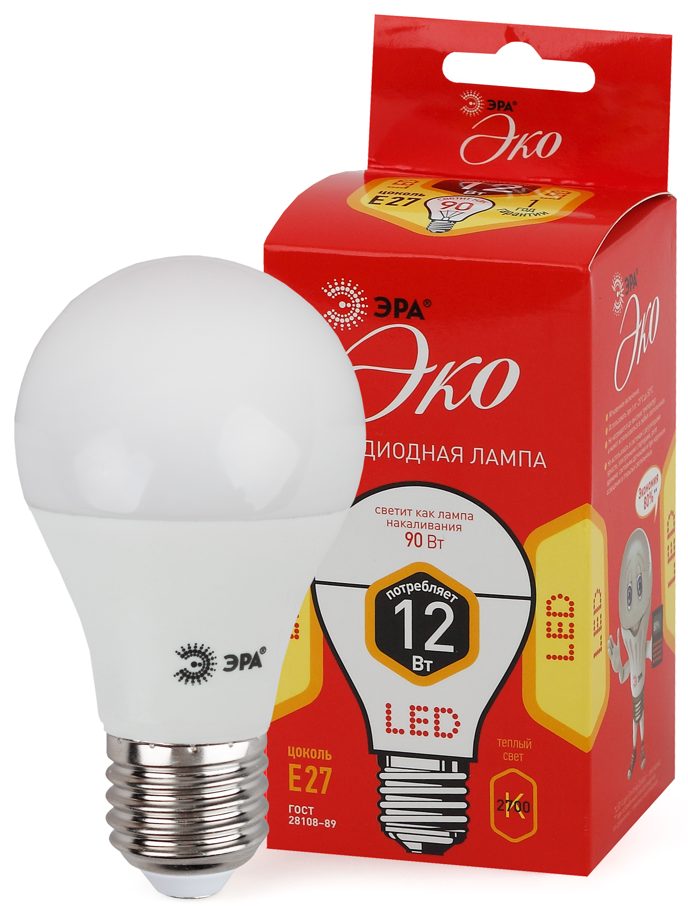 ECO LED A60-12W-827-E27 ЭРА (диод, груша, 12Вт, тепл, E27) (10/100/1500)